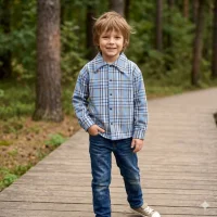 Лляна сорочка "Клітинка " для маленьких модників  блакитна