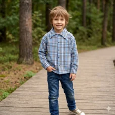 Лляна сорочка "Клітинка " для маленьких модників  блакитна