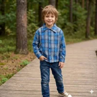 Лляна сорочка "Клітинка " для маленьких модників  синя