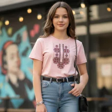 Футболка  жіноча, підліткова приталена "Вишиванка" рожева