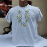 Футболка,підліткова "Вишиванка" біла з жовто блакитною вишивкою ромб