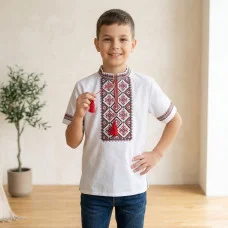 Вишиванка для хлопців біла з червоним короткий рукав